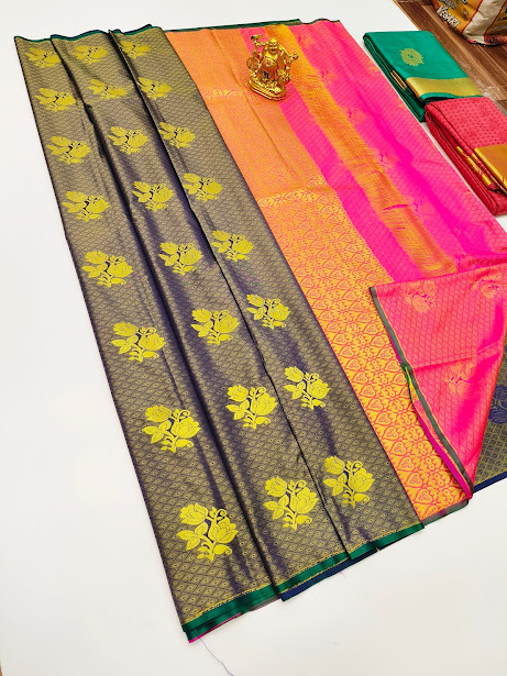 New Trendy Design Butta Mphoss Saree Double Dark Blue Color w/ Blouse
