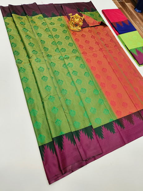 Trendy Design Green and Orange Plain Mphoss Saree Art Silk w/ Blouse