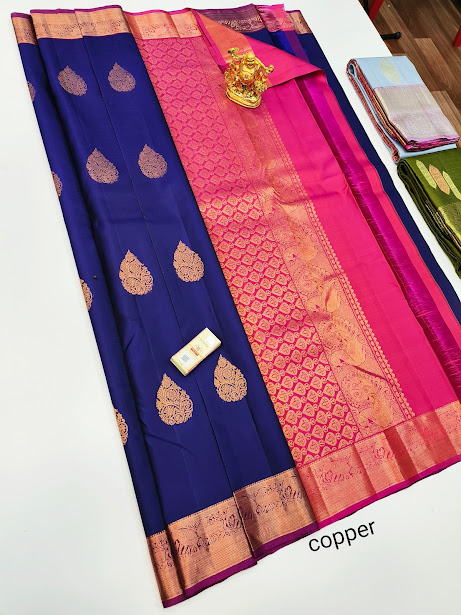 Trendy Design Pure Kanjivaram Fancy Silk Saree Blue Color w/ Blouse