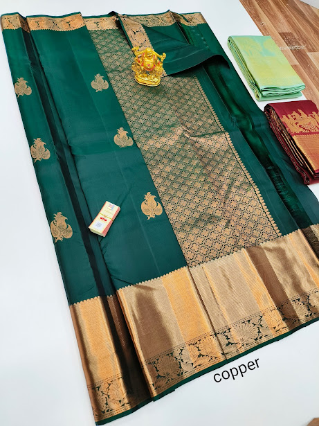 Pure Kanjivaram Fancy Silk Saree Bottle Green Color w/ Blouse