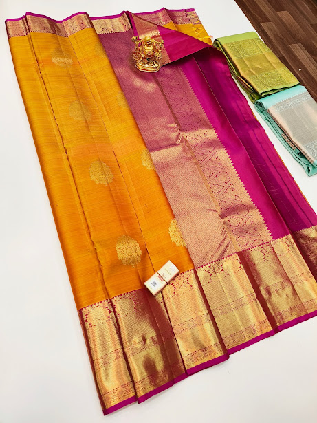 Pure Kanjivaram Fancy Silk Saree Mango Yellow Color w/ Blouse