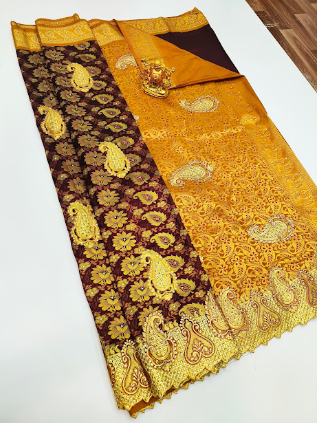 Unique and Beautiful Latest Design Butta Mphoss Saree Brown Color w/ Blouse