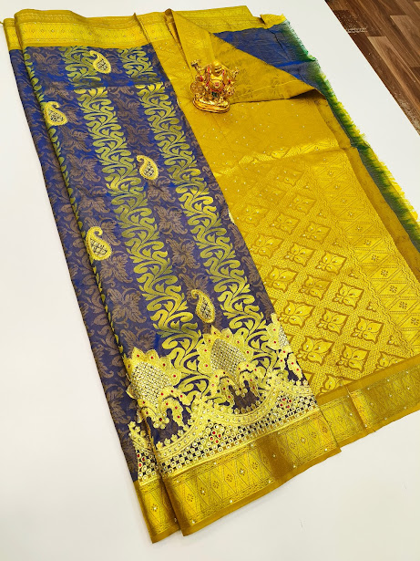 Unique Mango and Flower Design Light Weight Butta Mphoss Saree Ink Blue Color w/ Blouse