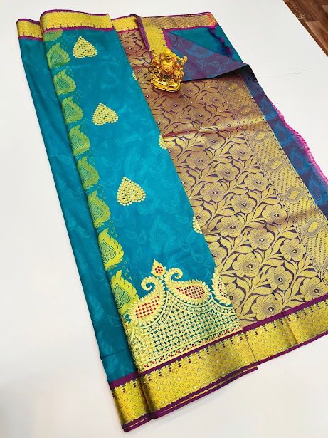 Unique Design Light Weight Butta Mphoss Saree Light Blue Color w/ Blouse