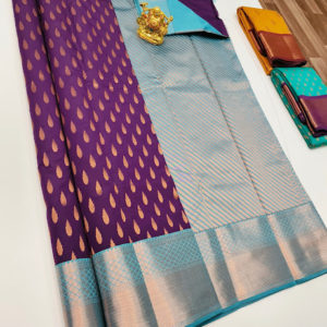 Latest Design High Fancy Kanjivaram Silk Saree Mix Purple Color w/ Blouse