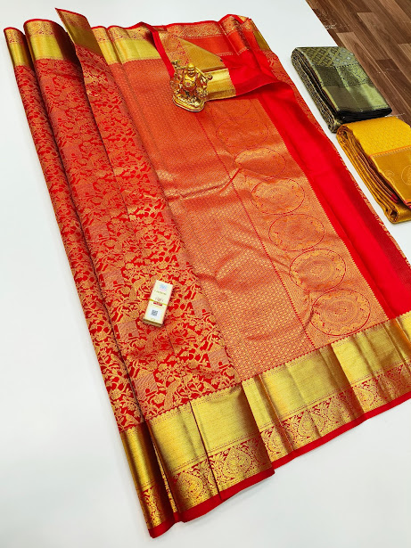 Trendy Design Kanjivaram Pure Wedding Silk Saree Chilli Red Color w/ Blouse