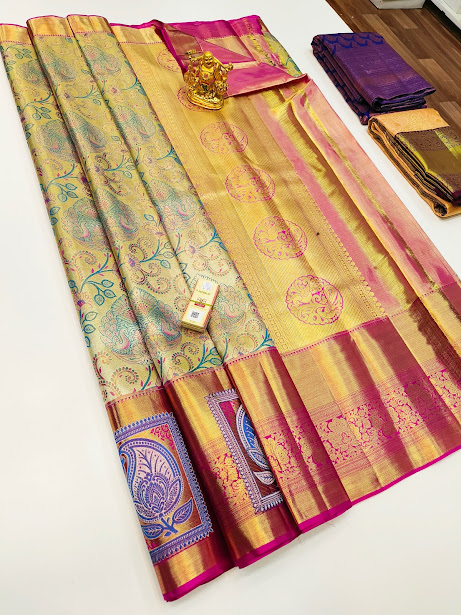 Peacock Design Kanjivaram Pure Wedding Silk Saree Butter Yellow Color w/ Blouse