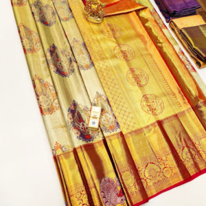 Kanjivaram Pure Wedding Silk Saree Cream Color w/ Blouse