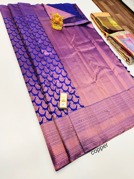 Kanjivaram Pure Wedding Silk Saree Indigo Blue Color w/ Blouse