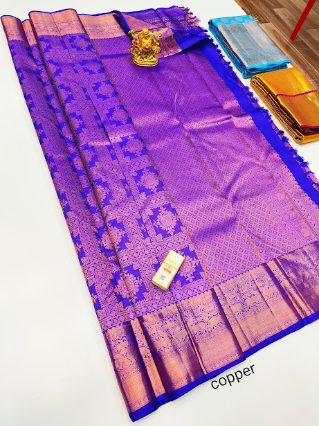 Beautiful Design Kanjivaram Pure Wedding Silk Saree Indigo Blue Color w/ Blouse