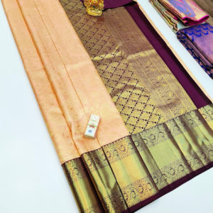 Kanjivaram Pure Wedding Silk Saree Light Peach Color w/ Blouse