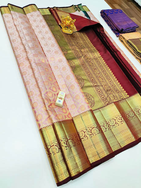 Kanjivaram Pure Wedding Silk Saree Peach Color w/ Blouse