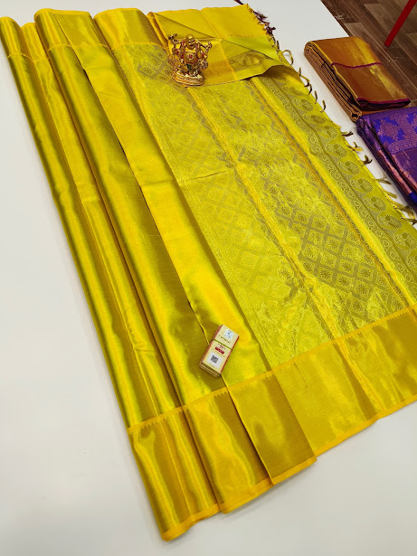 Kanjivaram Pure Wedding Silk Saree Pineapple Yellow Color w/ Blouse