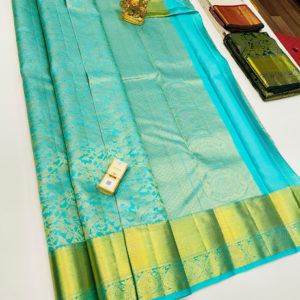 Kanjivaram Pure Wedding Silk Saree Sky Blue Color w/ Blouse