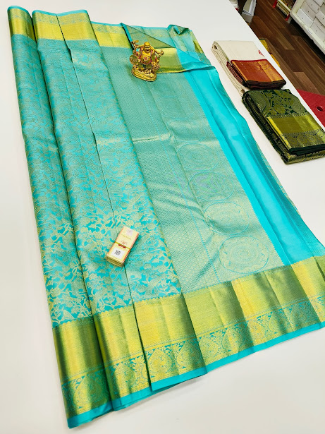 Kanjivaram Pure Wedding Silk Saree Sky Blue Color w/ Blouse