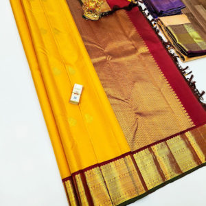 Trend Design Kanjivaram Pure Wedding Silk Saree Yellow Color w/ Blouse