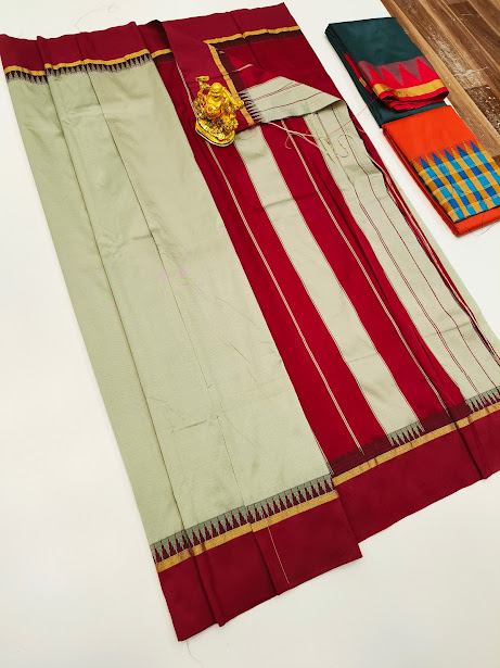 Plain Mphoss. Saree Art Silk Cream White and Red Color w/ Blouse