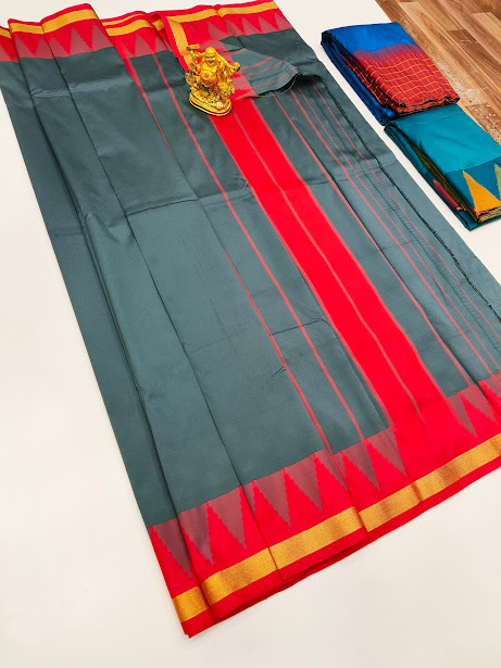 Temple Border Plain Mphoss. Saree Art Silk Gray Color w/ Blouse