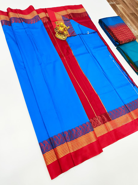 Trendy Design Plain Mphoss. Saree Art Rama Blue Color w/ Blouse
