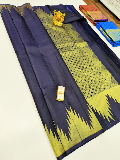 Temple Border Pure Kanjivaram Fancy Silk Saree Ink Blue Color w/ Blouse