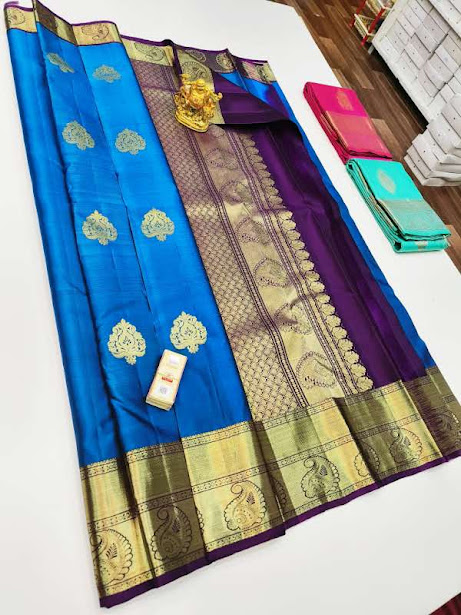 Beautiful Design Pure Kanjivaram Fancy Silk Saree Light Blue Color w/ Blouse