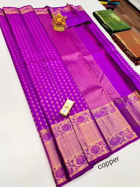 Latest Design Pure Kanjivaram Fancy Silk Saree Purple Color w/ Blouse