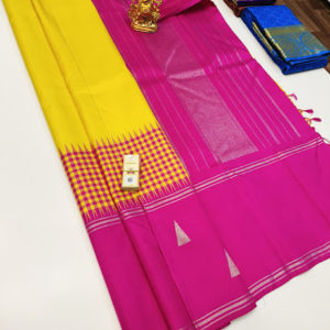Trendy Design Pure Kanjivaram Fancy Silk Saree Yellow and Pink Color w/ Blouse