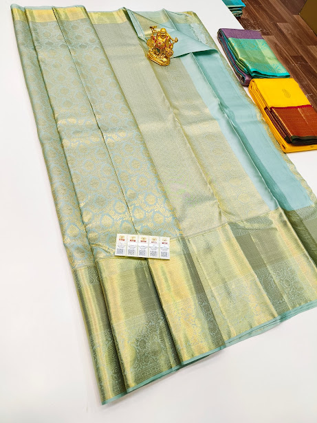 Kanjivaram Pure Wedding Silk Saree Light Blue Color w/ Blouse