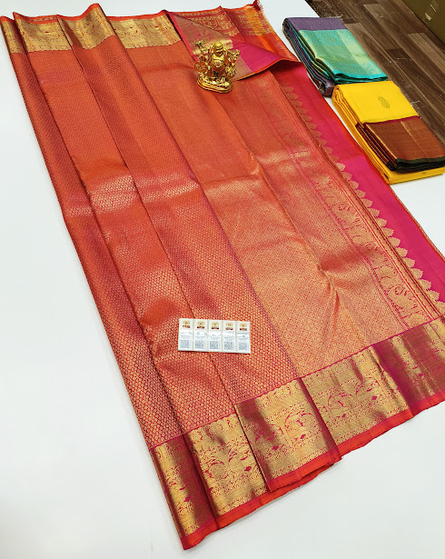Beautiful Design Kanjivaram Pure Wedding Silk Saree Magenta Color w/ Blouse