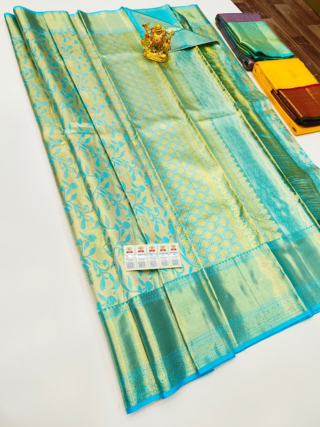 Unique Design Kanjivaram Pure Wedding Silk Saree Sky Blue Color w/ Blouse