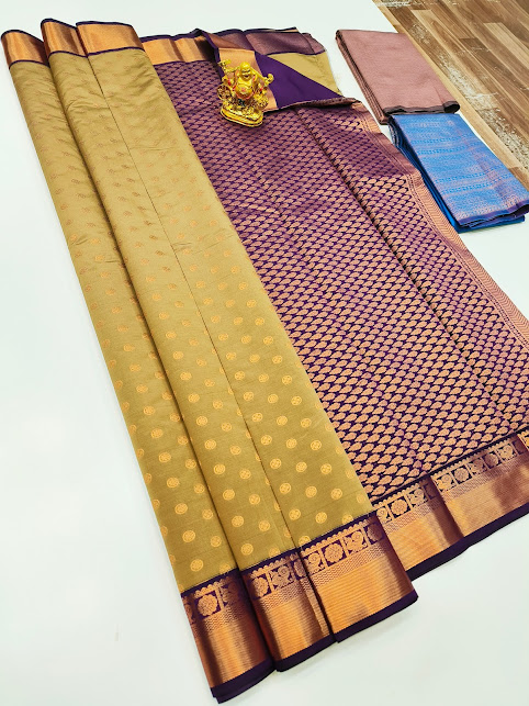 High Fancy Kanjivaram Silk Saree Mix Light Olive Color w/ Blouse