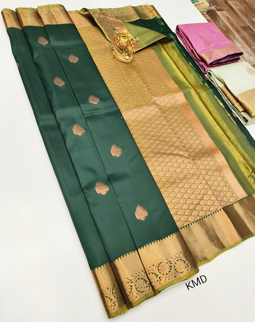 K.M.D Soft 75% Pure Silk Saree Bottle Green Color w/ Blouse