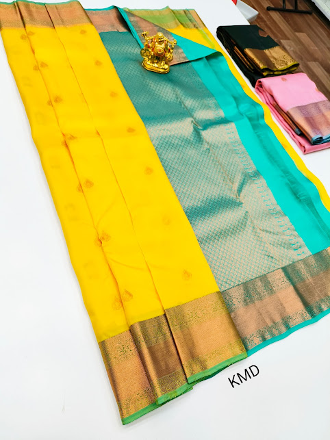 Latest Design K.M.D Soft 75% Pure Silk Saree Lemon Green Color w/ Blouse