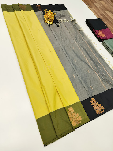Semi Soft Silk Saree Light Weight Lemon Yellow Color w/ Blouse