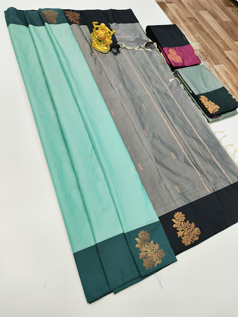 Semi Soft Silk Saree Light Weight Sapphire Green Color w/ Blouse