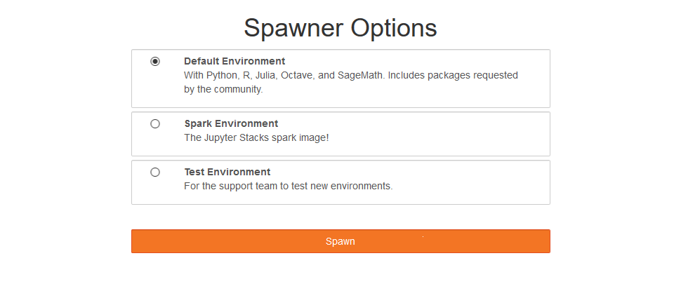 Screenshot of the redesigned JupyterHub spawner page